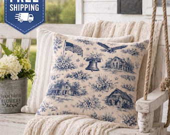 Liberty Toile flag bell farmhouse outdoor pillow | Americana patriotic porch cushion