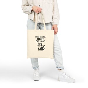 Grappige draagtas kattenliefhebber | I Was Normal Three Cats ago, milieuvriendelijke boodschappentas, cadeau voor ouders, schattige kattendraagtas, cadeaus voor kattenliefhebbers