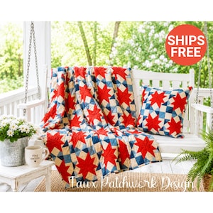 Americana Patchwork Quilt Blanket & Pillow Set | Cozy Farmhouse Porch Decor Mockup- faux patchwork design-velveteen blanket