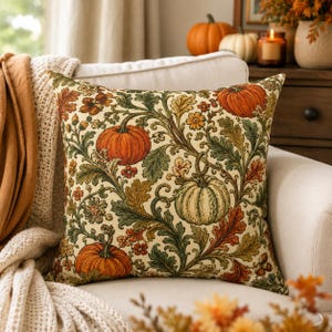 May include: A square throw pillow featuring a cream-colored background with a repeating botanical pattern of orange pumpkins, green oak leaves, and small orange flowers. The design includes intricate swirling vines and foliage in shades of green.