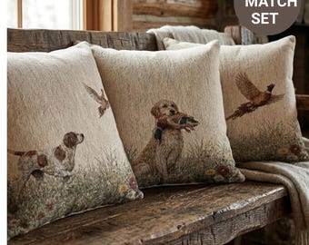 Woven Hunting Dog Pillow, Pheasant, Retriever, Rustic Lodge Cabin Decor