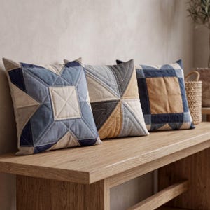 Może przedstawiać: Trzy kwadratowe poduszki dekoracyjne z geometrycznymi wzorami patchwork w odcieniach niebieskiego, beżu i szarości. Poduszki ułożone są na jasnej drewnianej ławce, tworząc przytulny wystrój.