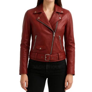 Handmade Red Leather Biker Jacket: Women&#39;s Motorcycle Fashion