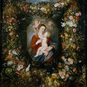 May include: An oil painting depicting a woman in a red dress holding a baby, surrounded by a floral and fruit garland. The painting features cherubs and various animals, including birds and rabbits, in a lush, natural setting.