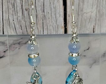 Beach Theme Dangle Earrings | Blue Glass Beads with Starfish and Seashell Accents