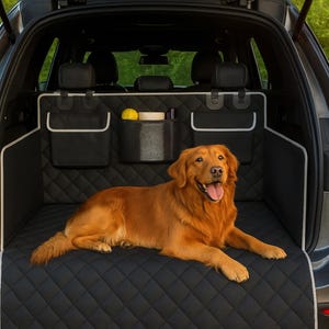 Könnte beinhalten: Ein goldener Retriever liegt im offenen Kofferraum eines Autos auf einer schwarzen, gesteppten Matte. Der Innenraum des Autos verfügt über Aufbewahrungstaschen und eine Schutzbarriere. Ein gelber Tennisball und andere Gegenstände befinden sich in einer Netztasche.
