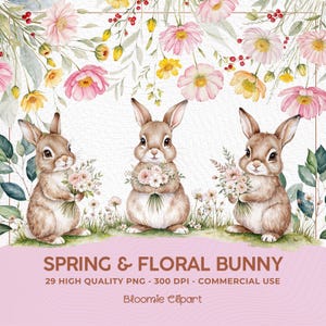 Watercolor Bunny Clipart: Spring Floral PNGs (Digital Download, 29 Elements)