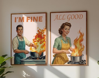 Divertente stampa artistica da parete per la cucina, poster "Sto bene / Tutto a posto", stampa umoristica vintage, arte culinaria retrò, decorazione sarcastica per la casa