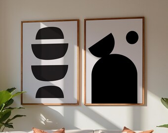 Set di 2 stampe murali astratte minimaliste, stampe moderne nere neutre, poster boho scandinavo, arte geometrica stampabile, decorazione per soggiorno.