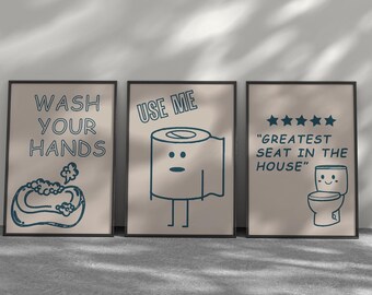 Funny Bathroom 3 Wall Art Set Printable, Wash Your Hands Sign, Toilet Humor Decor, Bathroom Poster Set, Kids Bathroom Art Download