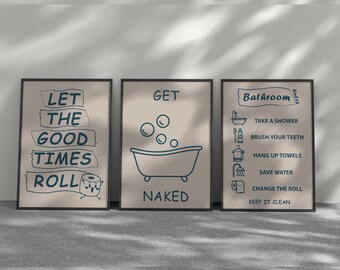 Grappige printbare muurdecoratie voor de badkamer: bordje 'Kleed je uit', badkamerregels, humoristische poster over toiletpapier, moderne minimalistische badkamerprints.