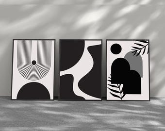 Set di 3 stampe digitali in stile Mid-Century Modern, stampe astratte in bianco e nero, poster geometrici minimalisti, download digitale scandinavo.