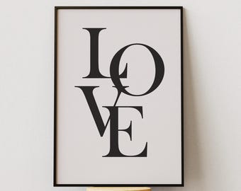 Stampa minimalista con scritta LOVE, arte murale in bianco e nero, poster romantico moderno, download digitale stampabile, idea regalo per la decorazione della camera da letto.