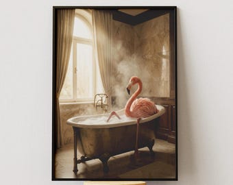 Stampa artistica surreale con fenicottero per il bagno, poster vintage per vasca da bagno, decorazione divertente con animali, stampa estetica spa, download immediato.