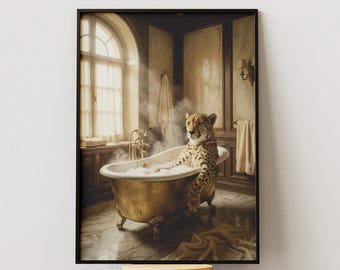 Stampa artistica vintage con ghepardo per il bagno, divertente decorazione murale con animali, poster di lusso per la vasca da bagno, arredamento surreale per il bagno, download stampabile.