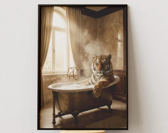 Stampa artistica da parete per bagno con tigre, poster divertente con animale, decorazione vintage con tigre per la vasca da bagno, arte surreale per il bagno, stampa digitale scaricabile.
