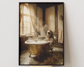 Divertente stampa artistica da parete con bradipo nella vasca da bagno, decorazione vintage per il bagno, poster rilassante con animali, regalo digitale dall'estetica accogliente