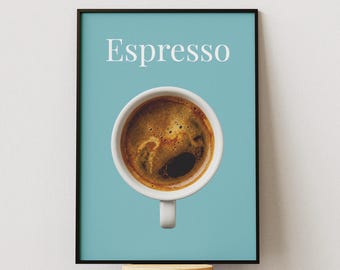 Stampa minimalista di un poster di caffè espresso, decorazione murale per la cucina a tema caffè, stampa moderna per bar, regalo per barista, download digitale estetico blu caffè