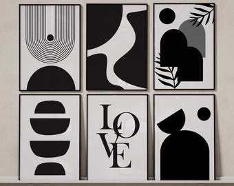 Set di 6 stampe murali astratte minimaliste, stampe moderne in bianco e nero, stile galleria scandinava, stampe artistiche geometriche, decorazioni neutre per la casa.