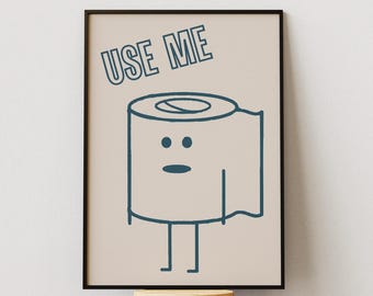 Grappige muurdecoratie met toiletpapier, printbare poster met badkamerhumor, minimalistische badkamerdecoratie, schattige toiletrolkunst, grappig badkamerbordje om te downloaden