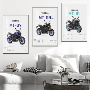 Set di 3 poster Yamaha MT | Stampe artistiche da parete Mt-07 MT-09SP MT-10 | Grafica motociclistica | Decorazione garage per motociclisti | Regalo per moto sportive | Poster per moto