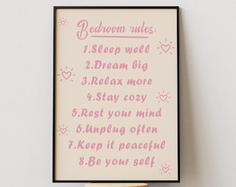 Stampa artistica da parete con le regole della camera da letto rosa, poster decorativo carino per la camera da letto, stampa con citazione per la camera delle ragazze, download digitale con tipografia estetica