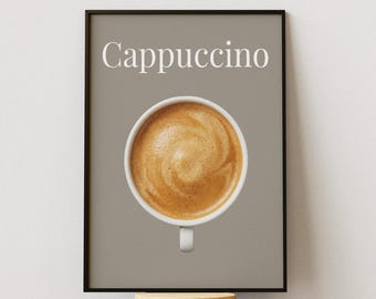 Stampa minimalista di un poster di cappuccino, arte digitale da parete a tema caffè, stampa per la decorazione della cucina, arte estetica neutra da bar.