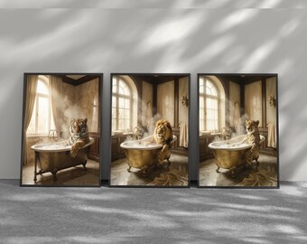 Set di quadri vintage per il bagno con animali, stampe di tigre, leone e ghepardo per la vasca da bagno, divertenti decorazioni safari, quadri neutri per il bagno.