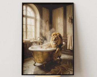 Stampa artistica vintage con leone da parete per il bagno, divertente poster con animale per la vasca da bagno, decorazione rustica per il bagno, download digitale dell'immagine del leone