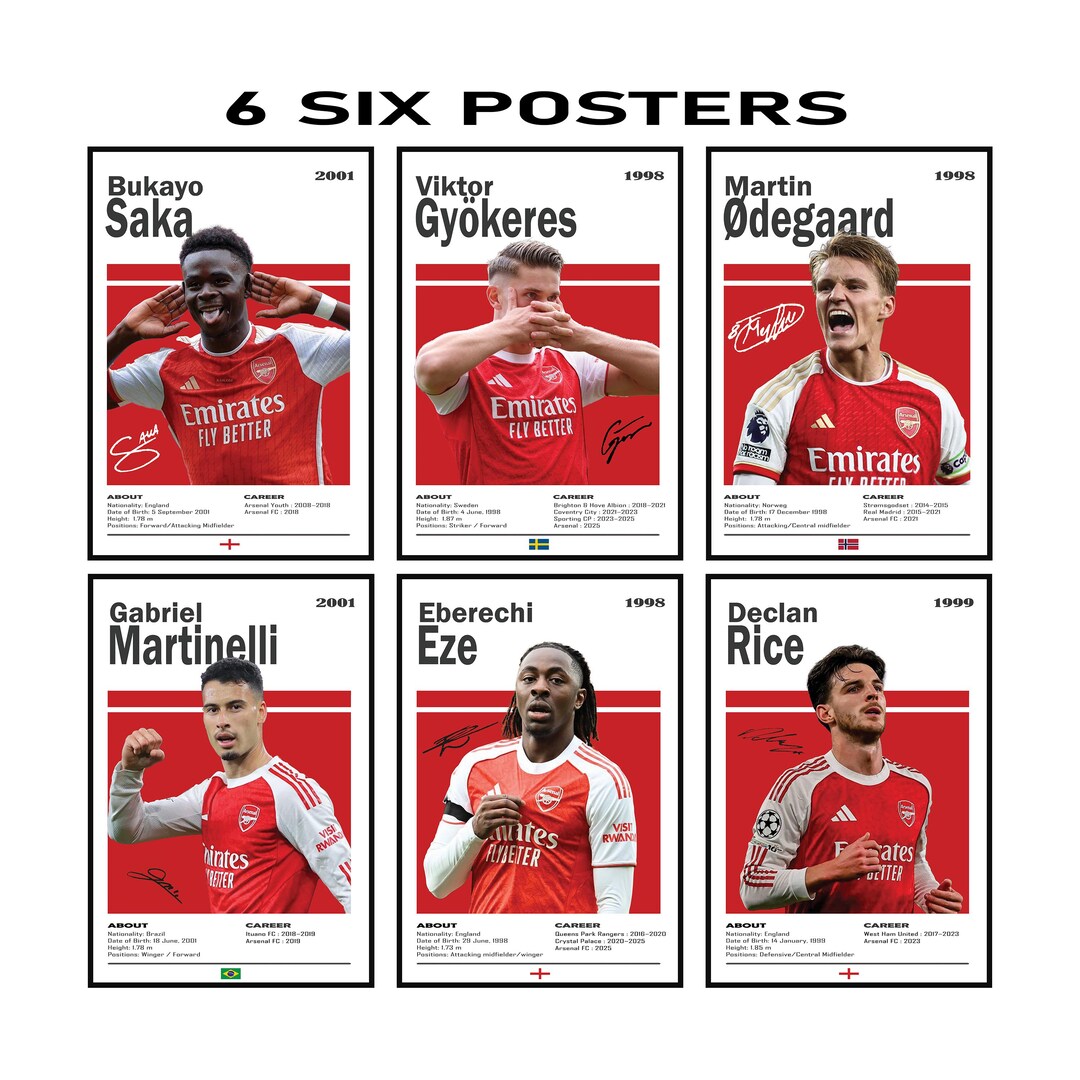 Set of 6 Arsenal Posters, Viktor Gyökeres, Bukayo Saka, Martin Ødegaard ...
