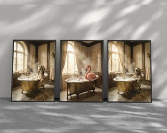 Set di quadri vintage per il bagno con animali, poster vintage per la vasca da bagno, stampe di fenicotteri, cani e bradipi, decorazioni originali per il bagno, download digitale.