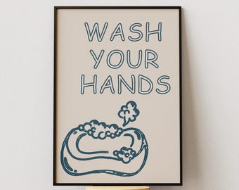 Was je handen printbare muurdecoratie, badkamerdecoratie, kinderbadkamerbordje, minimalistische hygiëneposter, grappige badkamerprint om te downloaden