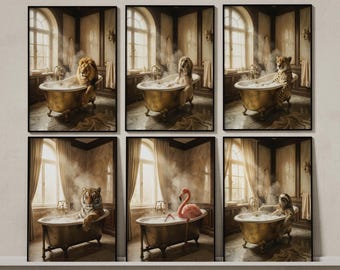 Set di 6 stampe vintage di animali per il bagno, divertenti stampe di leoni, tigri e fenicotteri per la vasca da bagno, decorazioni stravaganti per il bagno, download digitale.