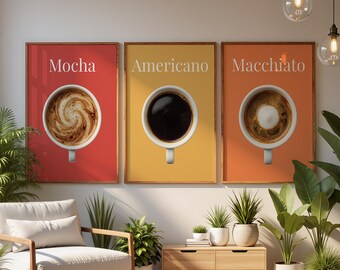 Set di stampe da parete Mocha Americano Macchiato, poster stampabili a tema caffè, stampe decorative per la cucina, arte da barista, download digitale minimalista a tema caffè