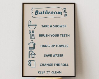 Bathroom Rules Printable Wall Art, Funny Bathroom Decor Sign, Kids Bathroom Poster, Family Bathroom Rules, Instant Download Art