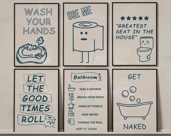 Set di 6 stampe divertenti da appendere al muro del bagno, pacchetto di poster con le regole del bagno, decorazioni umoristiche per il bagno, cartello "Lavatevi le mani", stampe artistiche per il bagno.