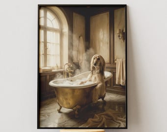 Stampa artistica vintage per il bagno dei cani, divertente decorazione murale per il bagno, elegante poster per animali domestici, stampa per bagno in stile vittoriano, download di arte stravagante con animali
