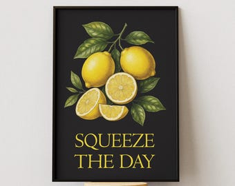 Stampa artistica da parete con limoni, poster "Squeeze The Day", stampa per la decorazione della cucina, arte degli agrumi, citazione motivazionale, download digitale di frutta gialla