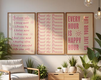Set di 3 quadri rosa per camera da letto, poster stampabili con citazioni motivazionali, "Abbi fiducia nel processo", stampe per la cura di sé, decorazioni estetiche per la stanza.