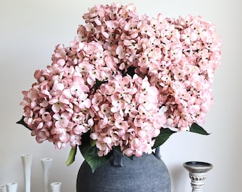 Large Blush Pink Hydrangea Stem with Soft Yellow Centers | Luxury Faux Floral
