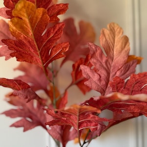 Peut inclure: Gros plan sur une plante artificielle aux grandes feuilles texturées. Les feuilles affichent des dégradés de rouge, d'orange et de pêche, créant une ambiance automnale chaleureuse. Les tiges sont visibles, suggérant un arrangement décoratif.