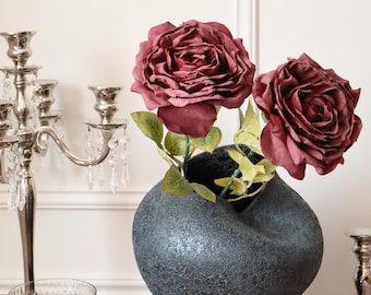 Dark Wine Vintage Artificial Rose Stem– High Quality Faux Bloom for Romantic, Wedding, Event Decor, Home Styling & Valentine's day Gifts