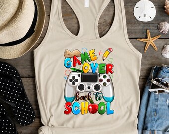 Game Over Back to School Tank Top, Funny Gamer Student Shirt, First Day of School Tank, Video Game Kids Outfit, Gamer Gift Tee