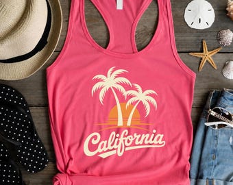 California Palm Tree Tank Top, Sunset Beach Vacation Shirt, Tropical Summer Racerback Tank, Coastal Travel Graphic Top for Women