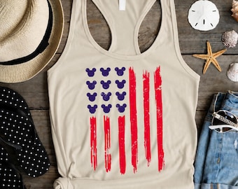 Patriotic Mouse Flag Tank Top, USA Inspired Summer Racerback Tank, Red White Blue Graphic Shirt, Vacation Party Top for Women