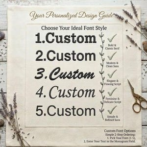 a guide for choosing an ideal font style, with options such as "Custom" and "Custom Fonts" listed. The guide also includes a list of font styles and their characteristics, such as bold and classic serif, modern and clean sans, elegant and flowing script, feminine and delicate sans, and simple and refined sans. The guide is presented on a white background, with a pair of scissors and some dried lavender visible in the foreground.