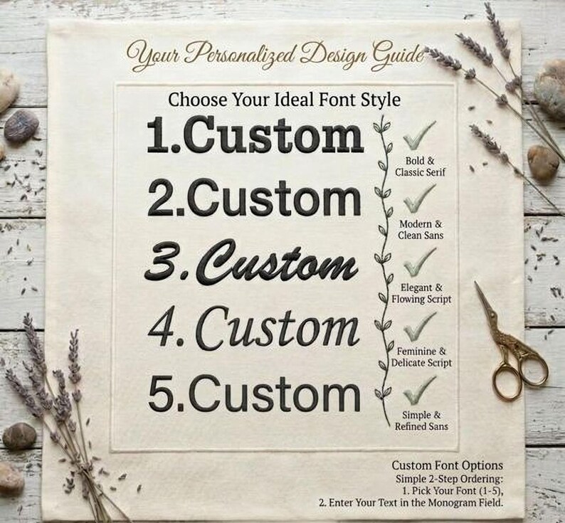 a guide for choosing an ideal font style, with options such as "Custom" and "Custom Fonts" listed. The guide also includes a list of font styles and their characteristics, such as bold and classic serif, modern and clean sans, elegant and flowing script, feminine and delicate sans, and simple and refined sans. The guide is presented on a white background, with a pair of scissors and some dried lavender visible in the foreground.