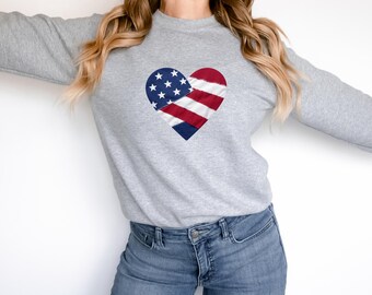 Patriotic Heart Sweatshirt, American Flag Heart Crewneck, USA Pride Pullover, Fourth of July Graphic Sweatshirt, Americana Gift