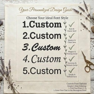 a guide for choosing an ideal font style, with options such as "Custom" and "Custom Fonts" listed. The guide also includes a list of font styles and their characteristics, such as bold and classic serif, modern and clean sans, elegant and flowing script, feminine and delicate sans, and simple and refined sans. The guide is presented on a white background, with a pair of scissors and some dried lavender visible in the foreground.