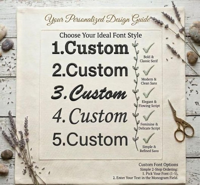 a guide for choosing an ideal font style, with options such as "Custom" and "Custom Fonts" listed. The guide also includes a list of font styles and their characteristics, such as bold and classic serif, modern and clean sans, elegant and flowing script, feminine and delicate sans, and simple and refined sans. The guide is presented on a white background, with a pair of scissors and some dried lavender visible in the foreground.